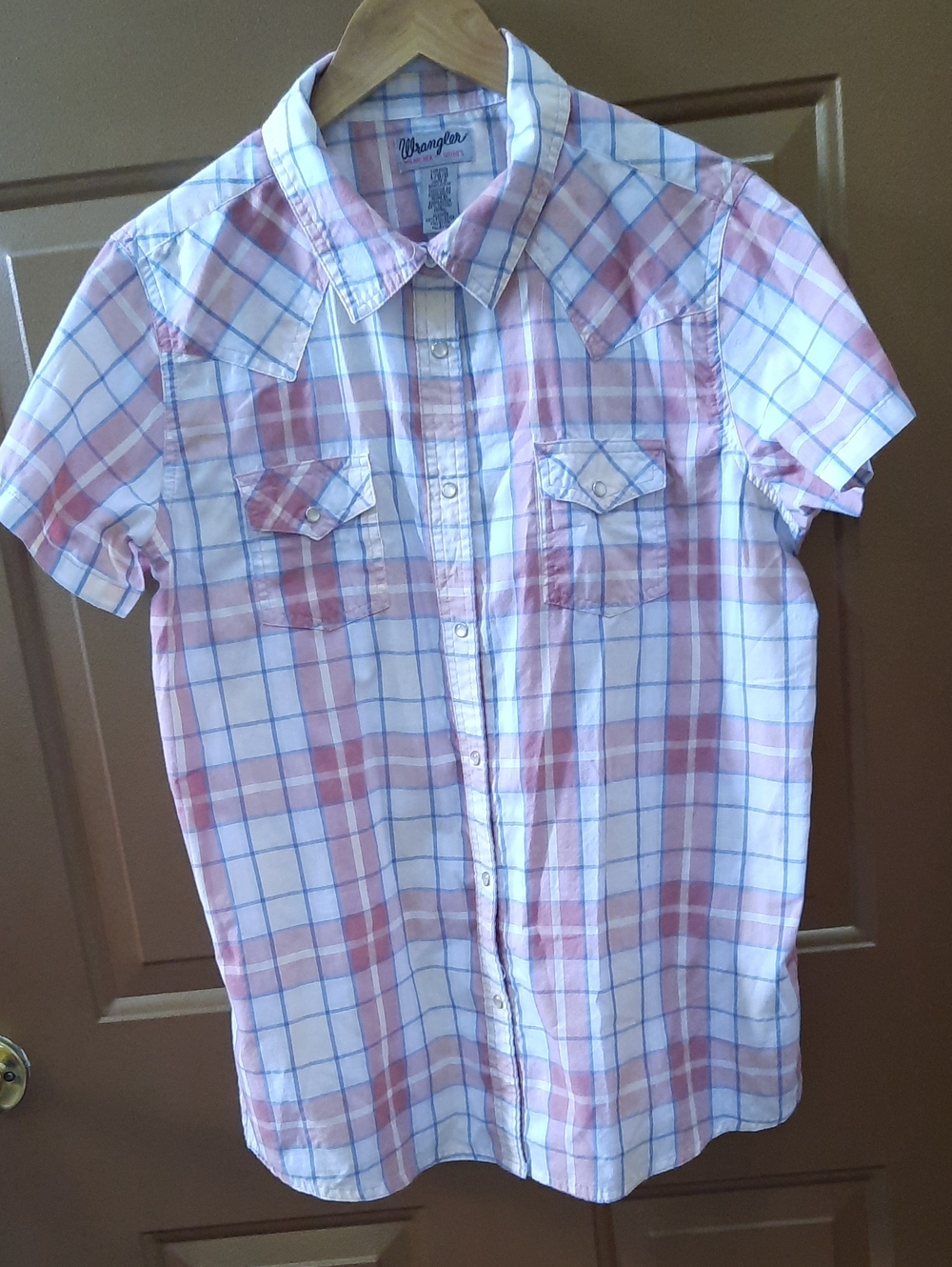Wrangler Short Sleeve Plaid Snap-Down Shirt - Pink & Blue